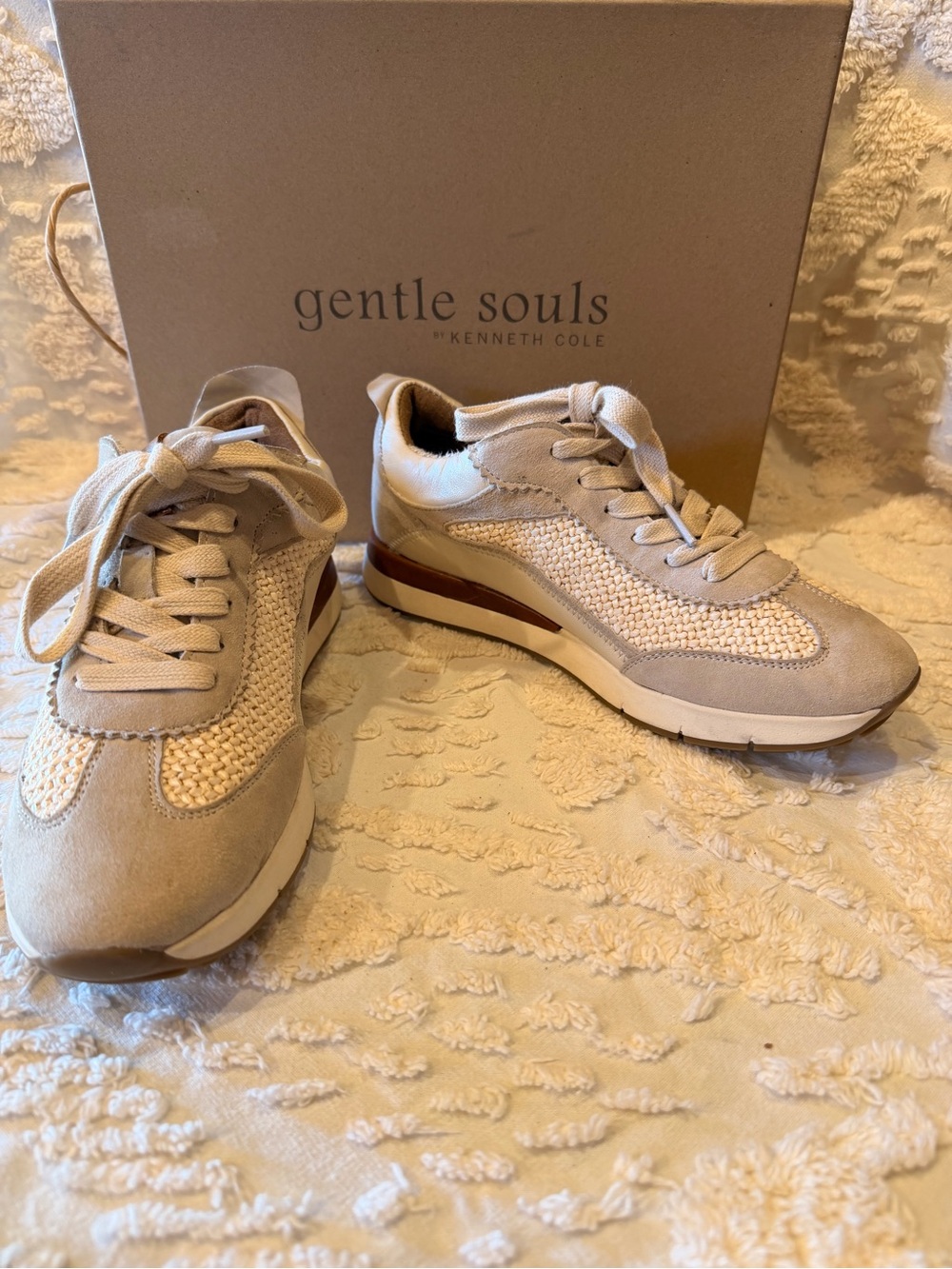 gentle souls Beige Knit & Suede Lace-Up Sneakers with Brown Stripe 661